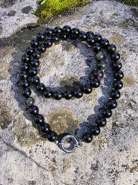 Collier Obsidienne Oeil Celeste 8mm Lithothérapie Fait main