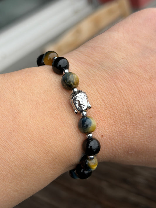 Anchor Bracelet - White Tiger's Eye, Black Obsidian 8mm