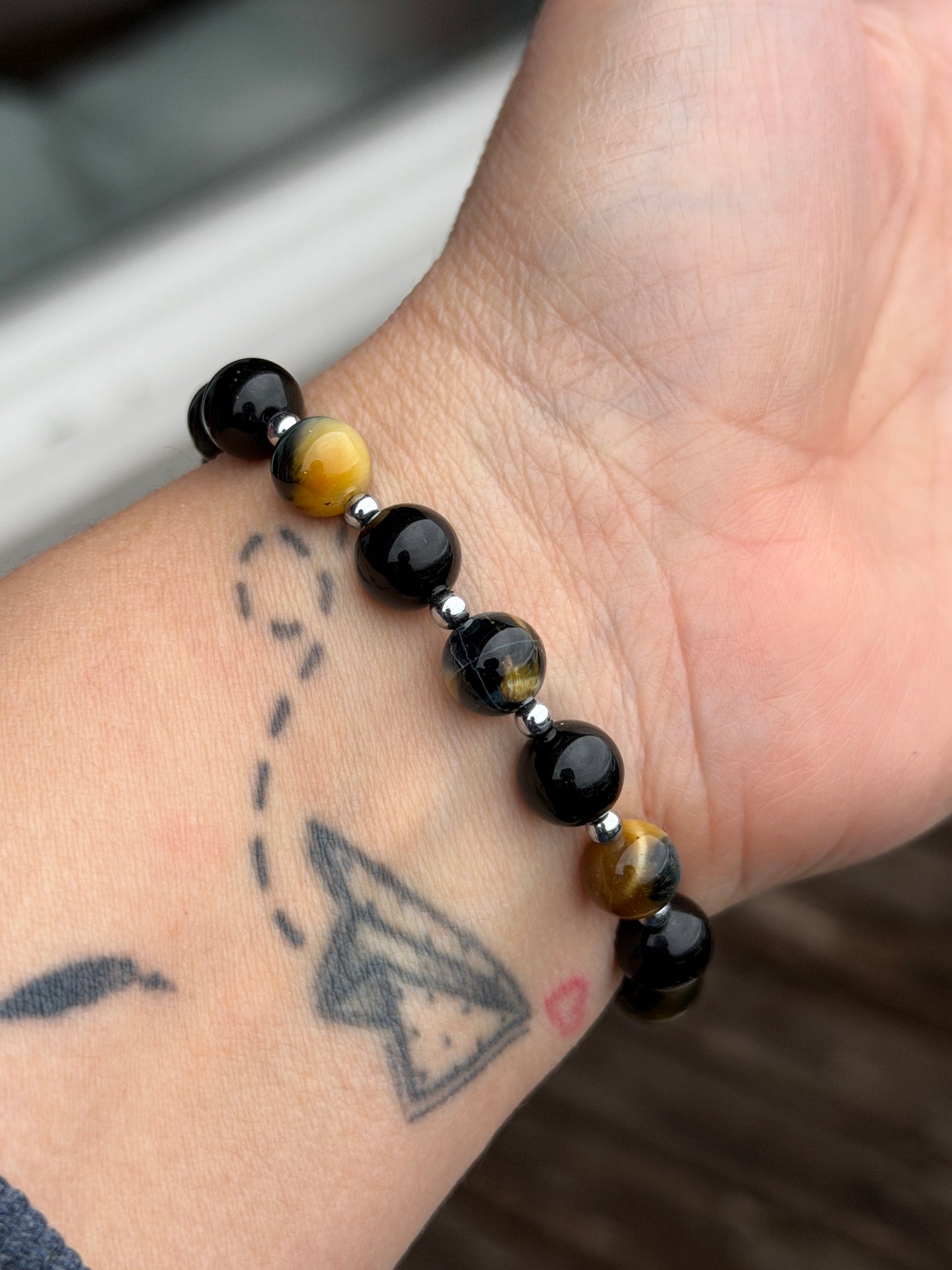 Ankerarmband – Weißes Tigerauge, schwarzer Obsidian, 8 mm
