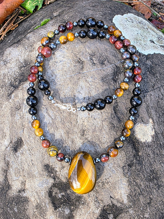 Collier Confiance & Protection - Oeil de Tigre, Oeil de Fer, Obsidienne Noire, Hématite