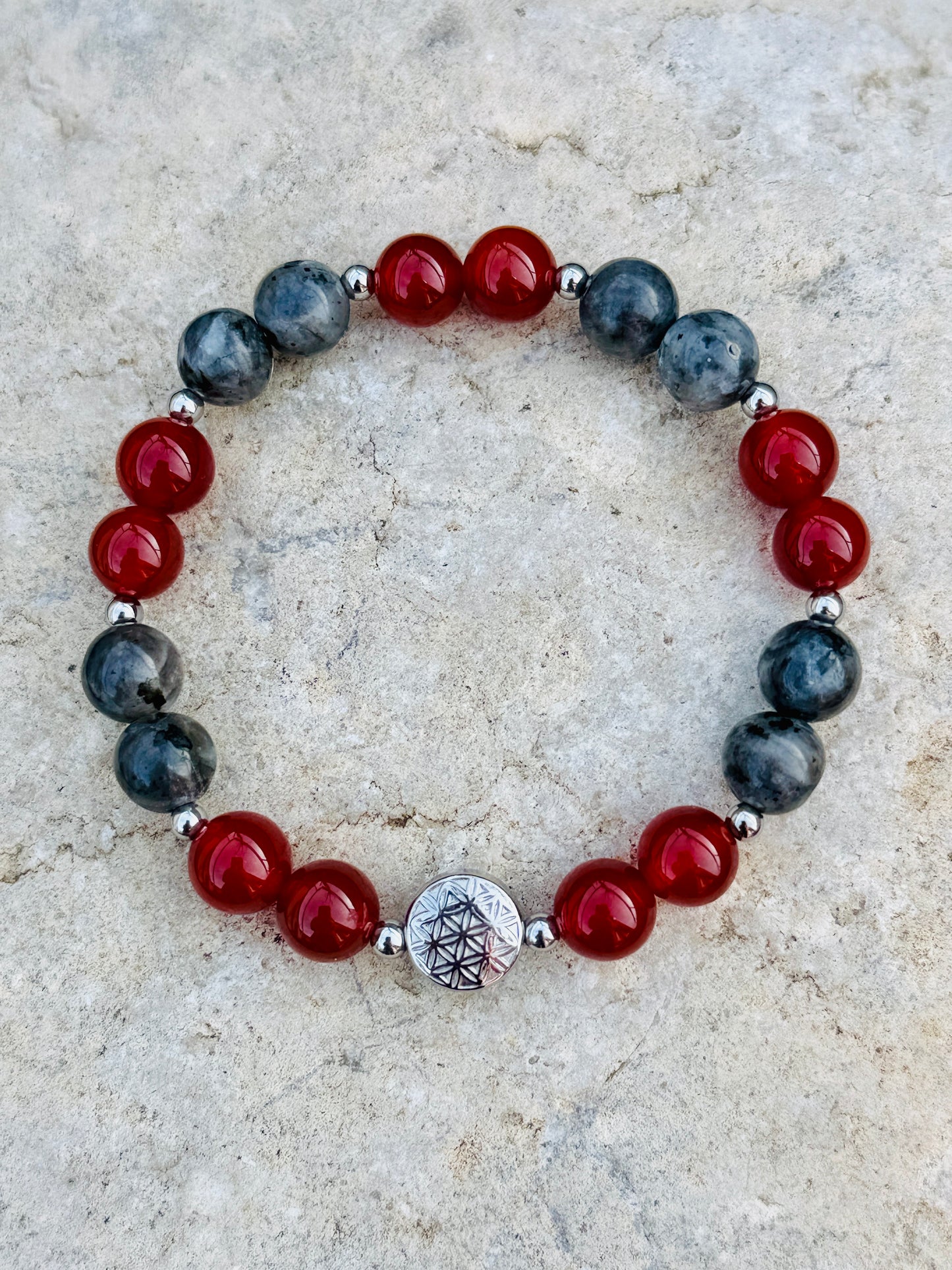 Bracelet Vitalité & Protection - Cornaline rouge, Larvikite