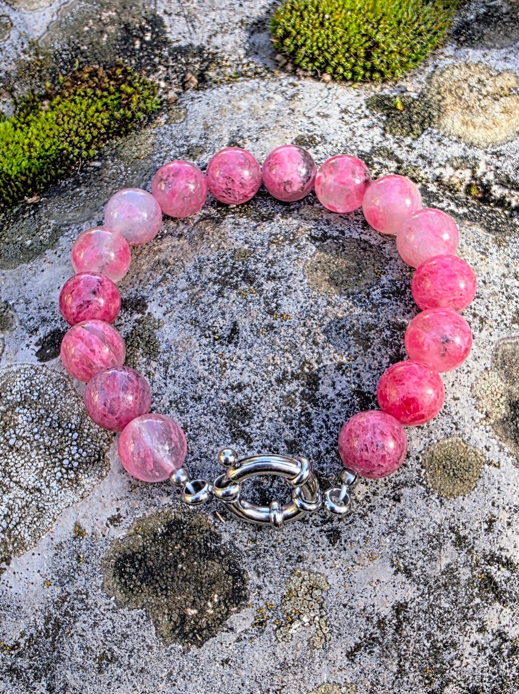 Bracelet rhodonite sur quartz 10mm Lithothérapie Fait main