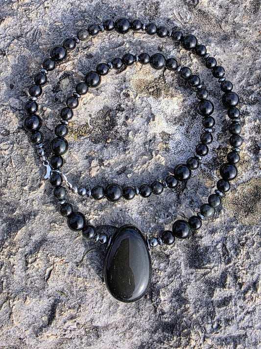 Collier Alchemie Obsidienne Oeil Celeste Lithothérapie Fait main
