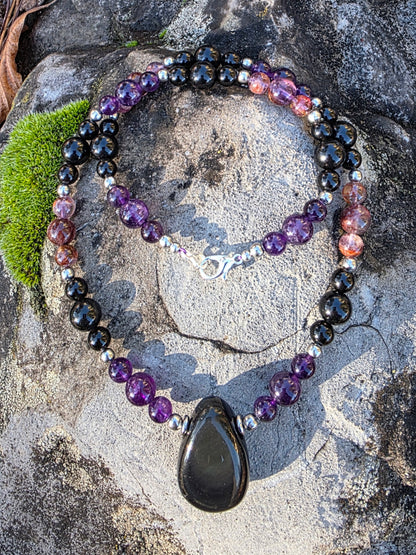 Collier Alchimie super seven obsidienne noire oeil celeste Lithothérapie Fait main