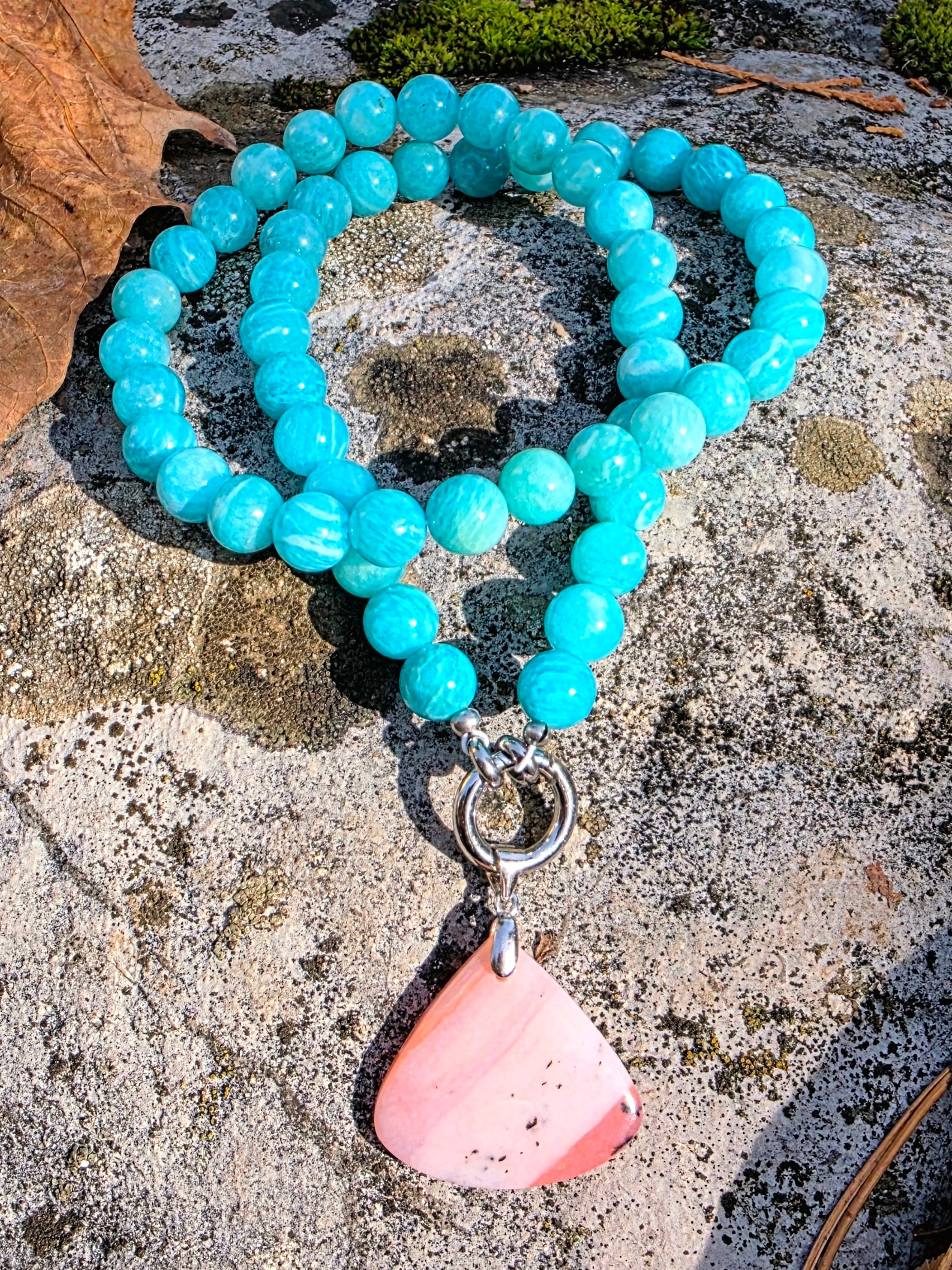 Collier Amazonite avec pendentif en opale rose et argent Lithothérapie Fait main