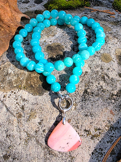 Collier Amazonite avec pendentif en opale rose et argent Lithothérapie Fait main