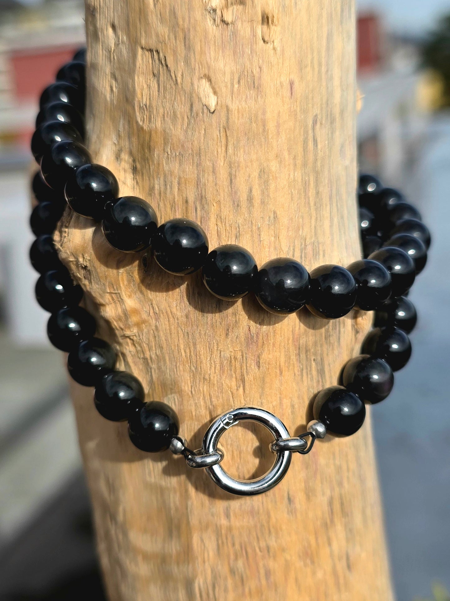 Collier obsidienne oeil celeste 8mm Lithothérapie fait main