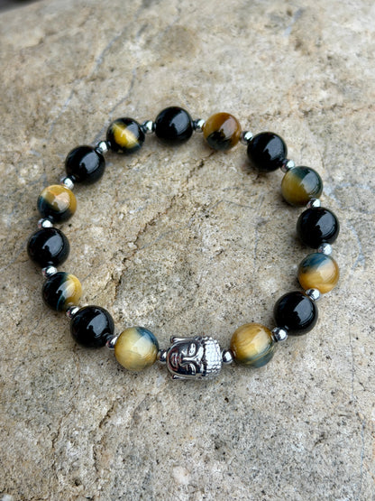 Anchor Bracelet - White Tiger's Eye, Black Obsidian 8mm