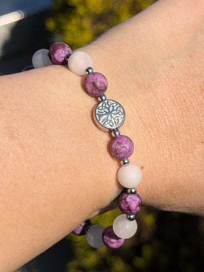 Bracelet Amour & Sagesse - Sugulite mat, Quartz Rose mat 8mm