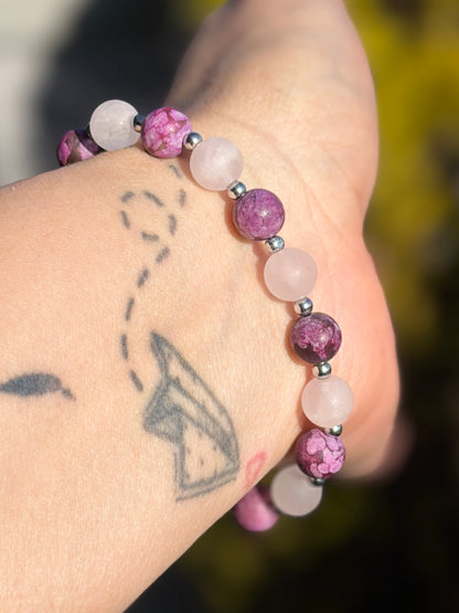 Bracelet Amour & Sagesse - Sugulite mat, Quartz Rose mat 8mm