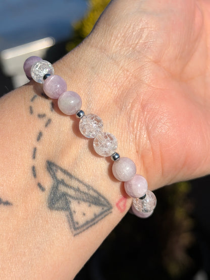 Bracelet Amour & Douceur - Kunzite, Cristal de Roche Craquelée 8mm