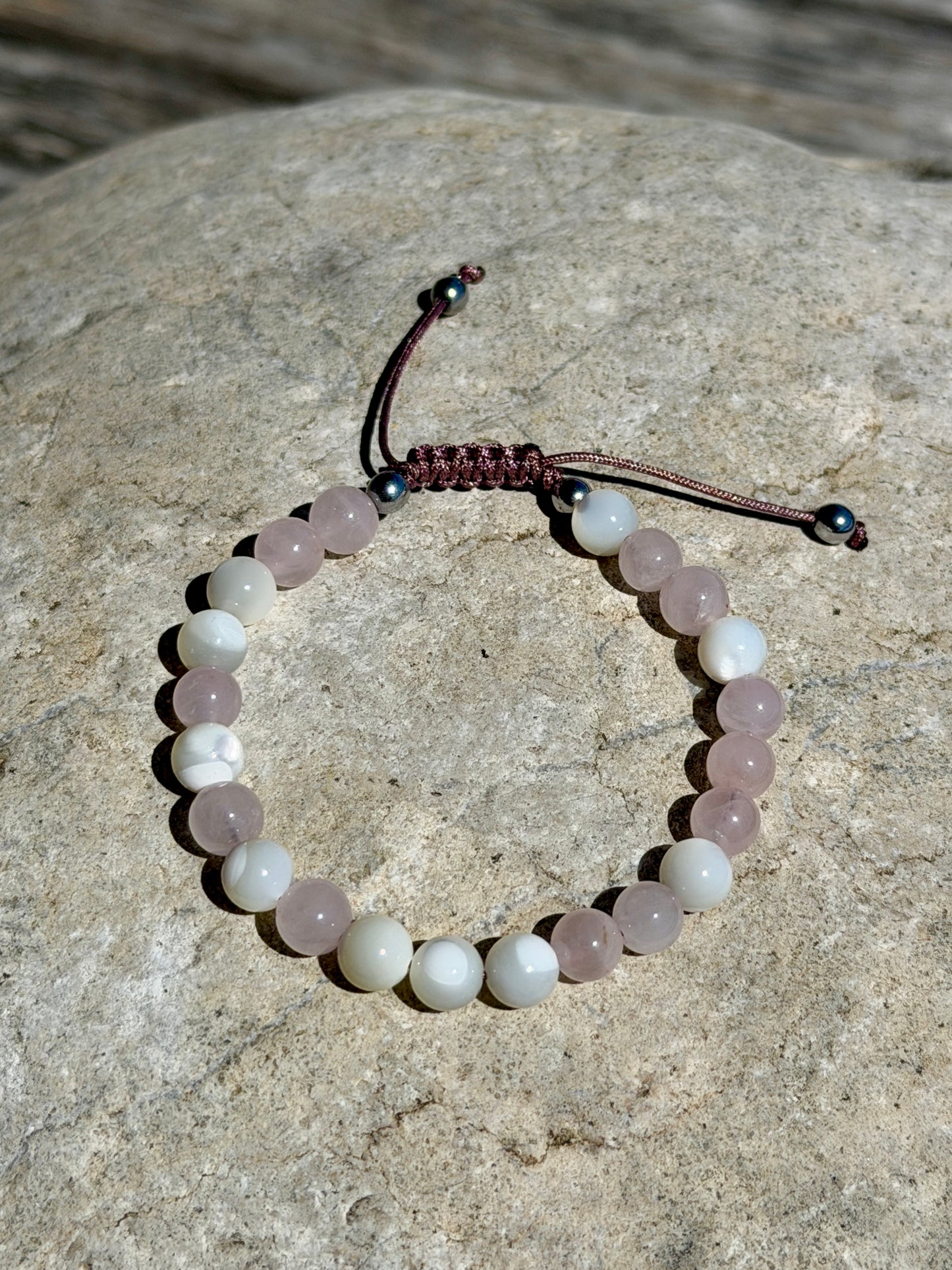 Morsearmband DANKE MAMA - Rosenquarz, Perlmutt 6mm