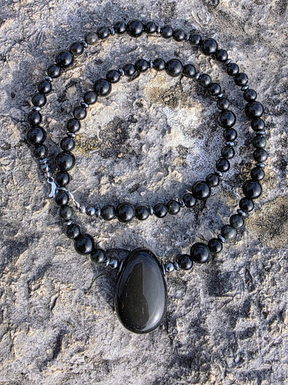 Collier Bouclier & Ancrage - Obsidienne Oeil Celeste, Hématite