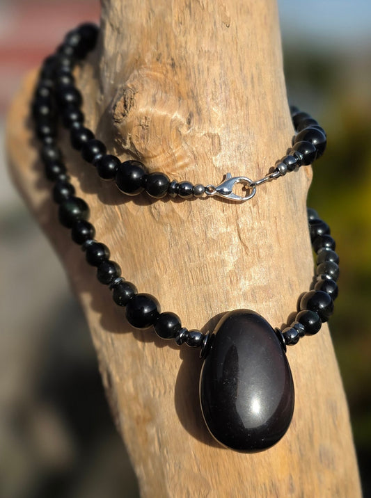 Collier Bouclier & Ancrage - Obsidienne Oeil Celeste, Hématite