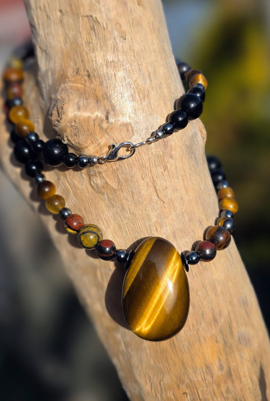Collier Confiance & Protection - Oeil de Tigre, Oeil de Fer, Obsidienne Noire, Hématite