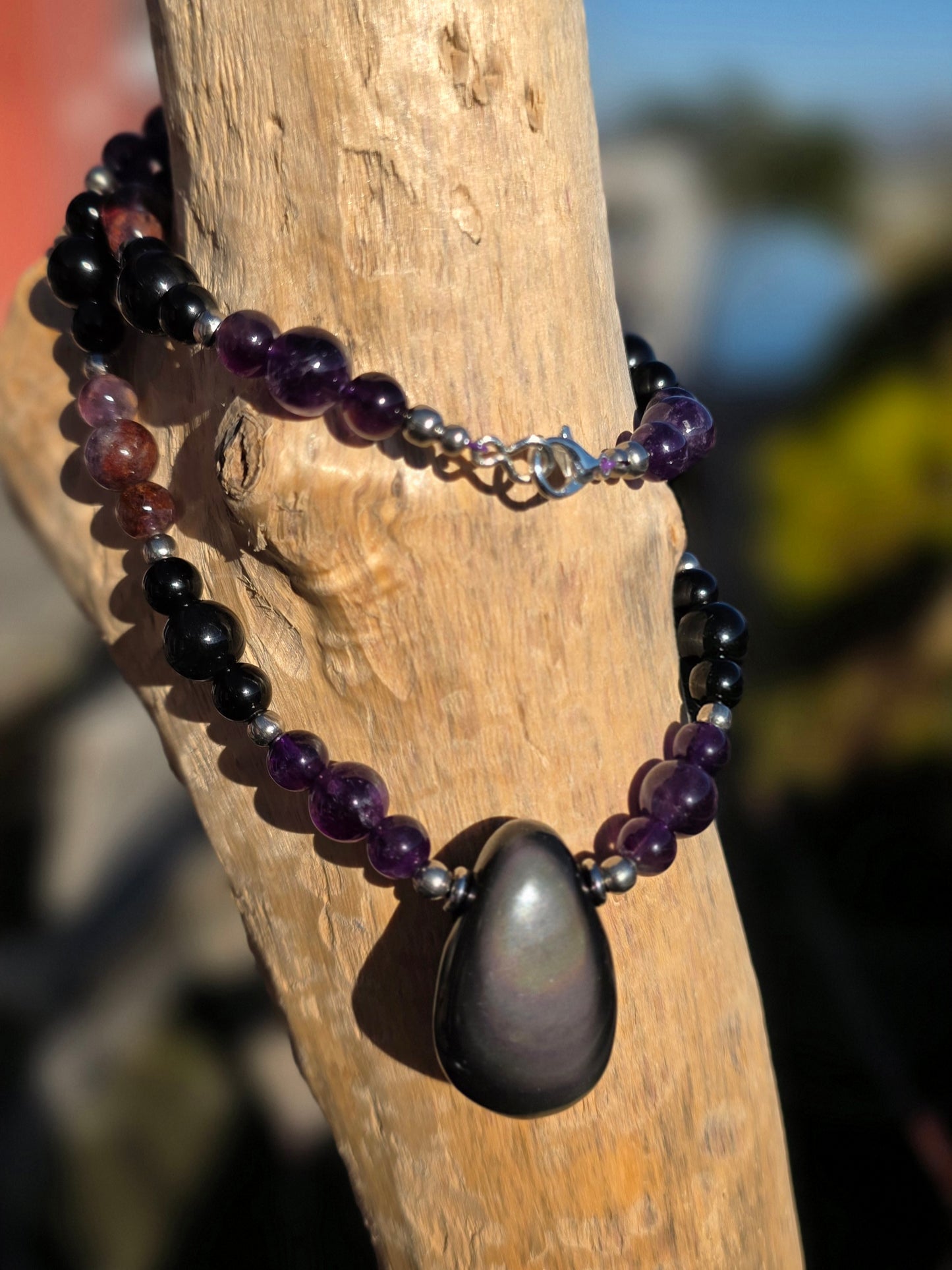 Collier Bouclier & Transformation - Super seven, Améthyste, Obsidienne Oeil Céleste et noire