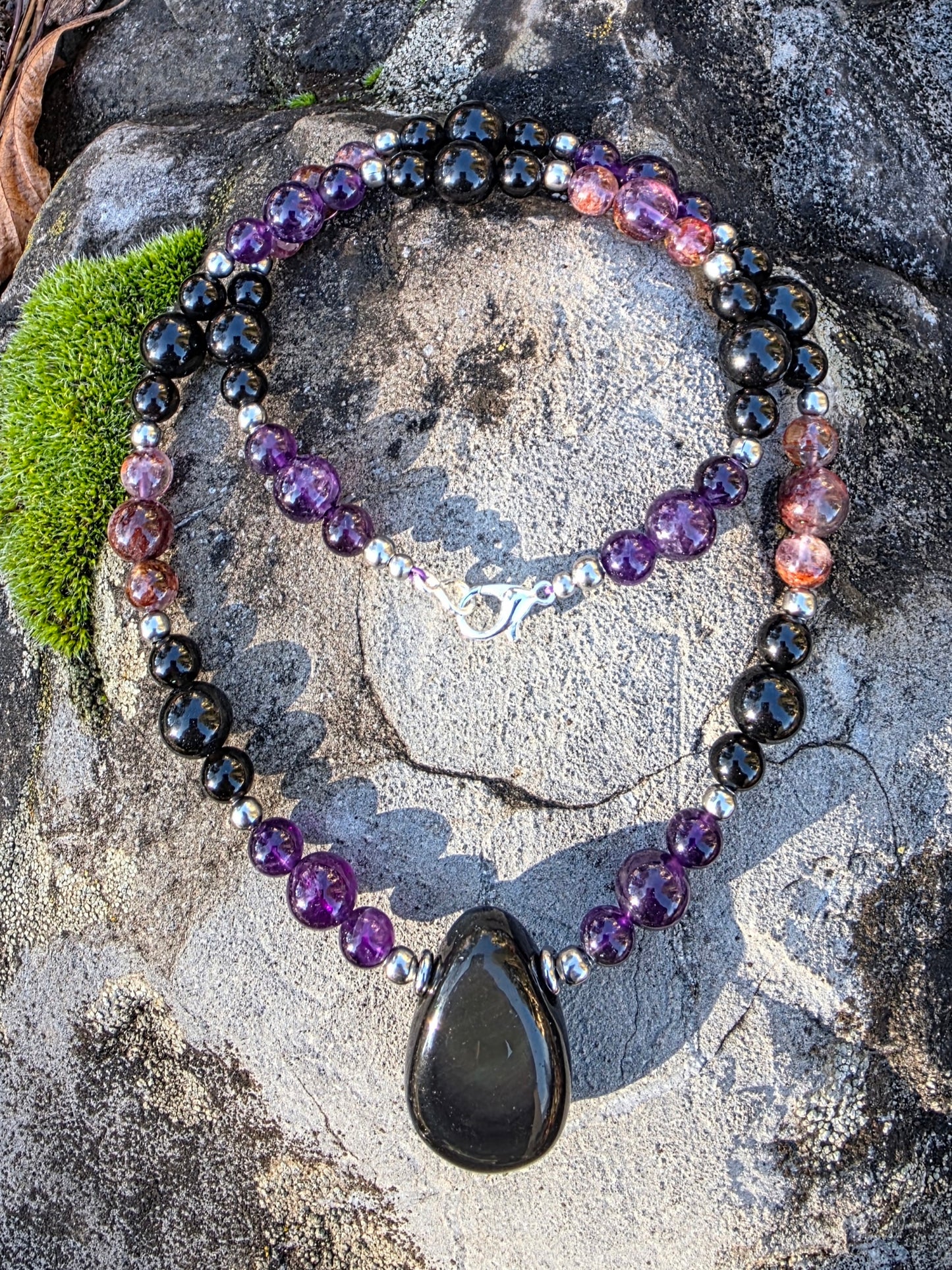 Collier Bouclier & Transformation - Super seven, Améthyste, Obsidienne Oeil Céleste et noire